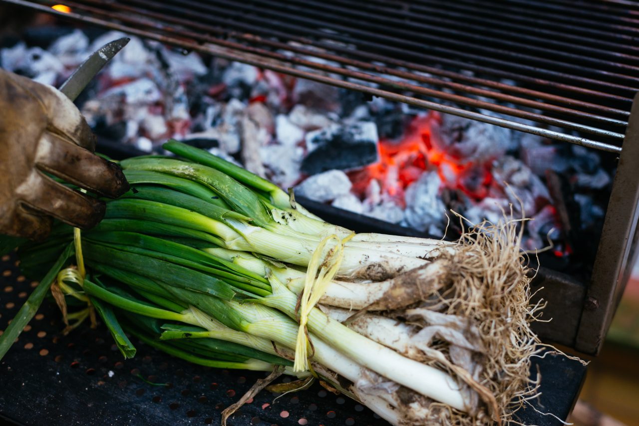 manojo de calçots antes de ponerse al fuego